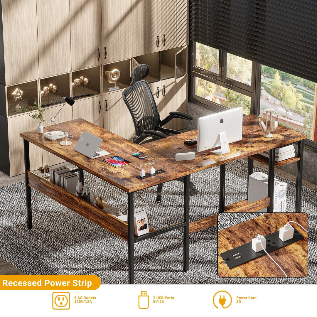 Reversible L Shaped Desk with Storage Shelves, Home Office Corner Desk with Charge Station