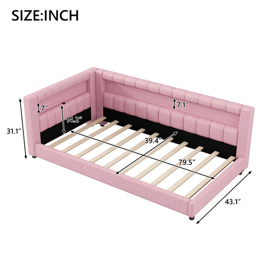 Upholstered Low-Profile Daybed Platform Bed Built-In USB Ports and LED Light Belt, Grounded Design with Padded Backrest