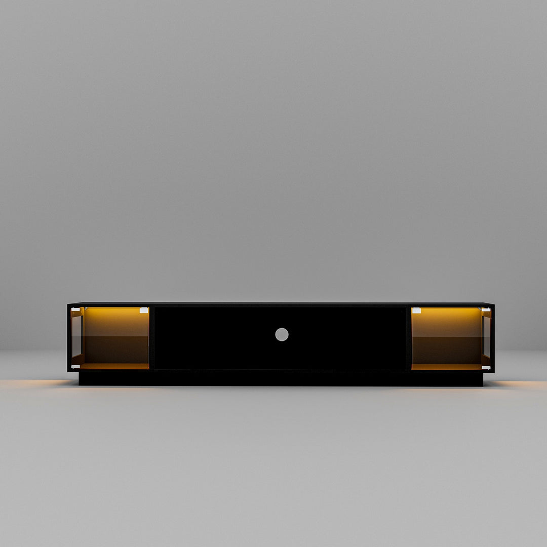 Modern Black Fireplace TV Stand Combo,Remote Fireplace Heater,2 Drawers,Light Strip & USB