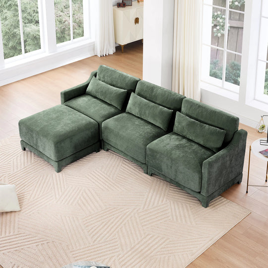 Modern Chenille 4-Seater Sofa with 2 Ottoman, Lumbar Cushions, Ergonomic Backrest, High-Resilience Spongeand Tufted Armrests