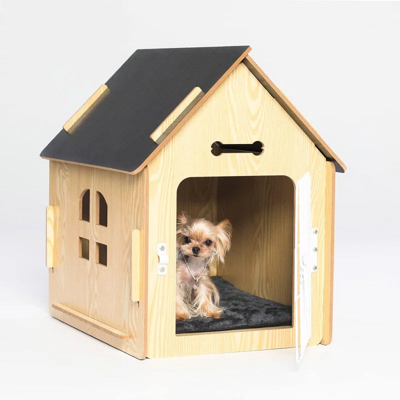 Byrn Wooden Pet House Indoor W/ Roof Dog House W/ Removable Mat and Lockable Door for Small Dog Cat