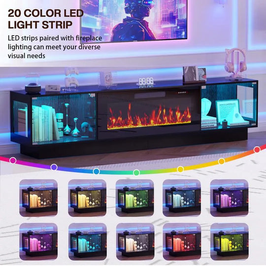 80" Fireplace TV Stand with Adjustable LED Lights, Modern Entertainment Center with Glass Door Storage Cabinet, Black