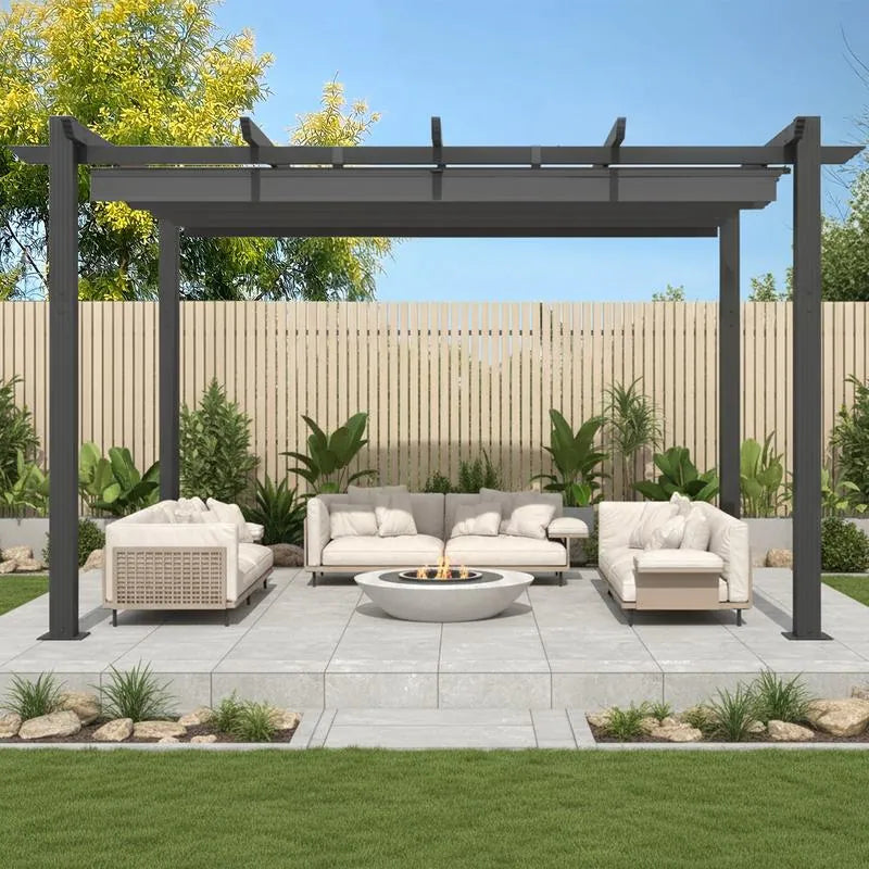 10' X 13' Outdoor Pergola with Retractable Canopy, Heavy-Duty Metal Frame and Adjustable Patio Shade Roof