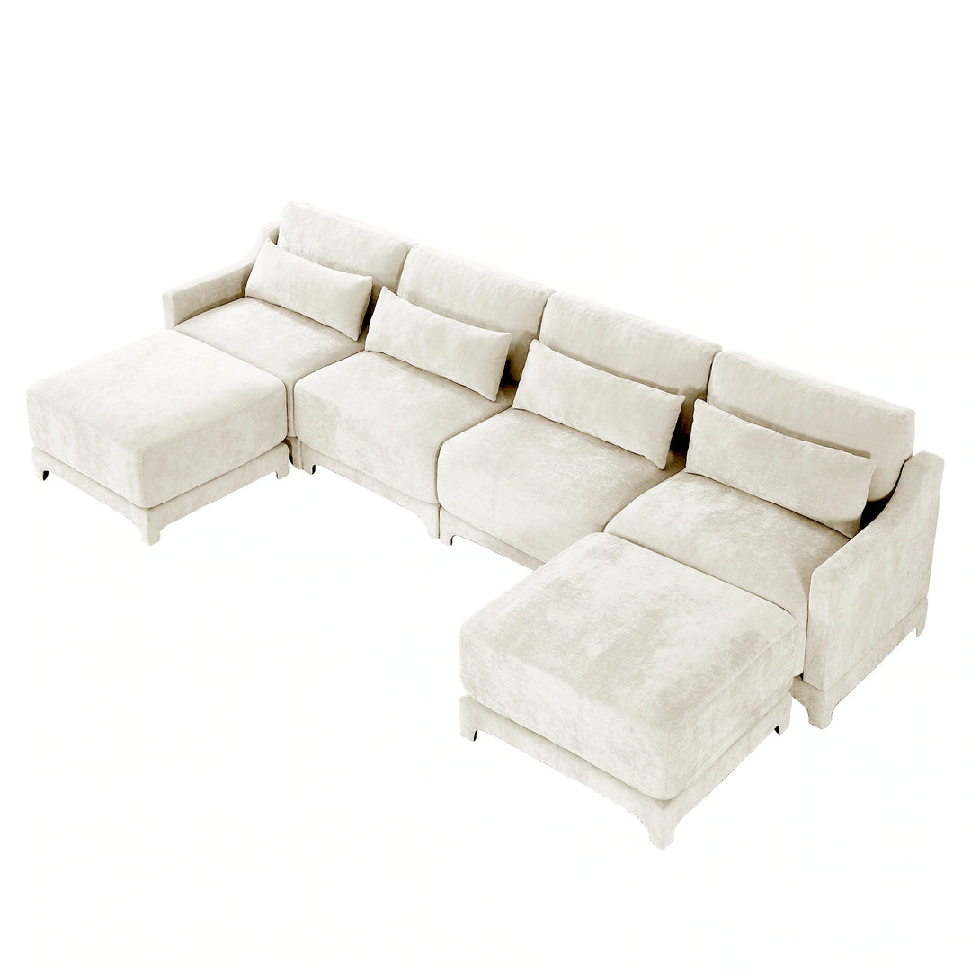 Modern Chenille 4-Seater Sofa with 2 Ottoman, Lumbar Cushions, Ergonomic Backrest, High-Resilience Spongeand Tufted Armrests