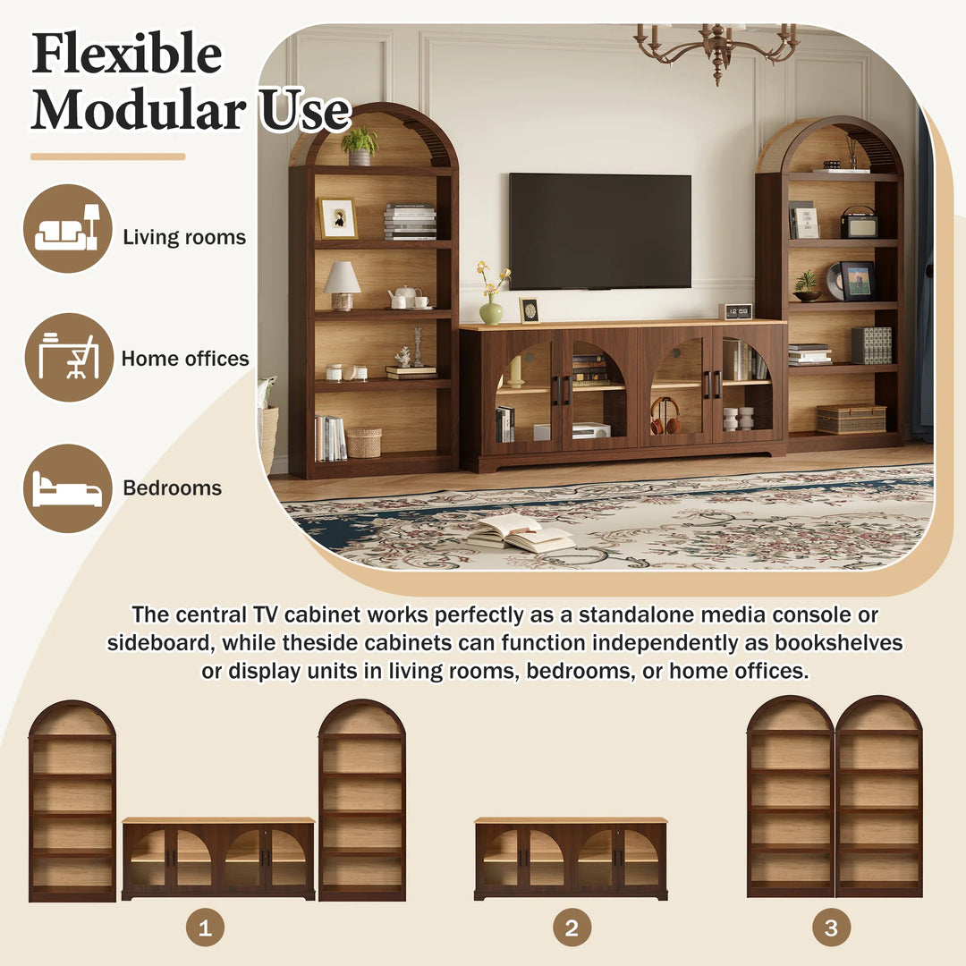 3-Piece Retro Entertainment Center for Tvs up to 70", Two-Tone Farmhouse TV Stand with Sideboard & Bookshelf