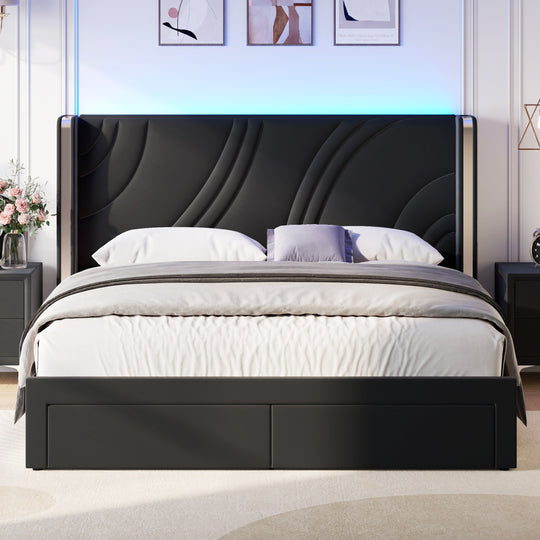 Velvet Upholstered Platform Bed with Smart Ambient Strip Lights Wingback Headboard and Endbed Pull-Out Storage Drawers