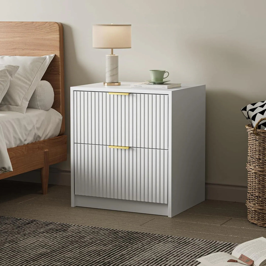 Set of 2 Fluted Nightstand with 2 Drawers, Modern Storage Bedside Table Wooden End Table for Bedroom