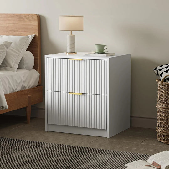 Set of 2 Fluted Nightstand with 2 Drawers, Modern Storage Bedside Table Wooden End Table for Bedroom