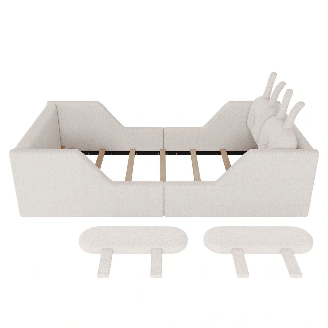 Twin Size Upholstered Platform Bed with Rabbit Cushion, Floor Upholstered Bed with Removable Side Rails