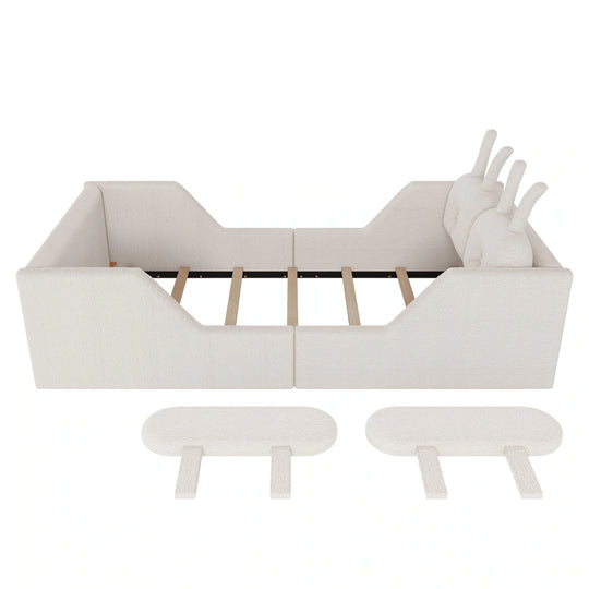 Twin Size Upholstered Platform Bed with Rabbit Cushion, Floor Upholstered Bed with Removable Side Rails