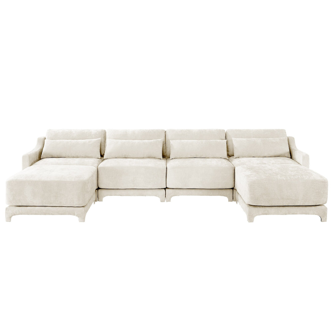 Modern Chenille 4-Seater Sofa with 2 Ottoman, Lumbar Cushions, Ergonomic Backrest, High-Resilience Spongeand Tufted Armrests