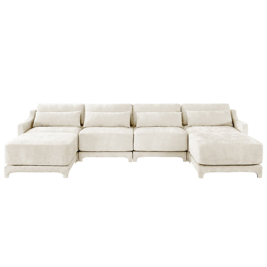 Modern Chenille 4-Seater Sofa with 2 Ottoman, Lumbar Cushions, Ergonomic Backrest, High-Resilience Spongeand Tufted Armrests