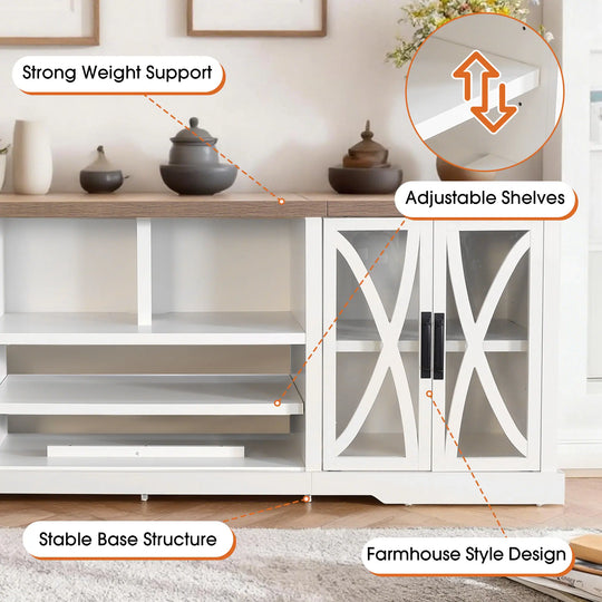 93" Farmhouse White Barn Door Storage Cabinets Console TV Stand for Tvs up to 100" with Adjustable Shelves
