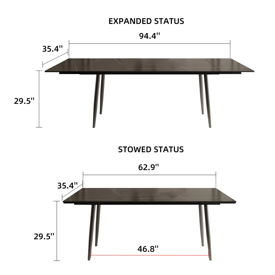 Glossy Slate 63"-95" Extendable Rectangle Dining Table - 94.4"W X 35.4"D X 29.5"H