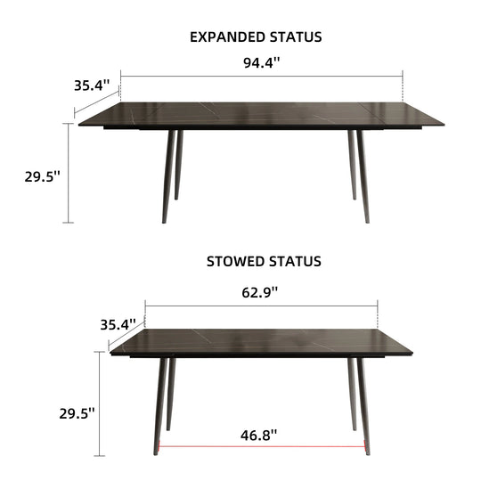 Glossy Slate 63"-95" Extendable Rectangle Dining Table - 94.4"W X 35.4"D X 29.5"H