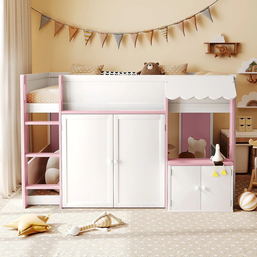 Full Loft House Bed with Playhouse Storage Modern Wood Cabin Bed for Kids