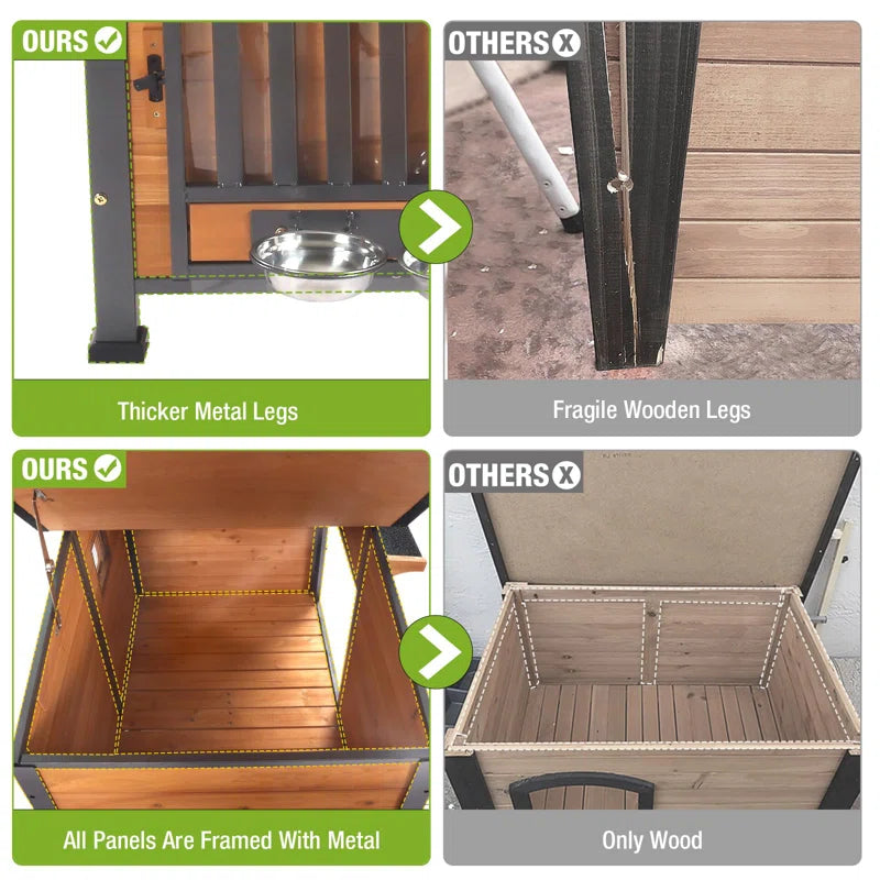 Dog House Outdoor Dog Kennel with Chew-Proof Metal Frame, Rotating Food Bowl, Pvc Door Curtain, Weatherproof for Small Medium Dogs, 39.7" L X 25.5" W X 32.2" H