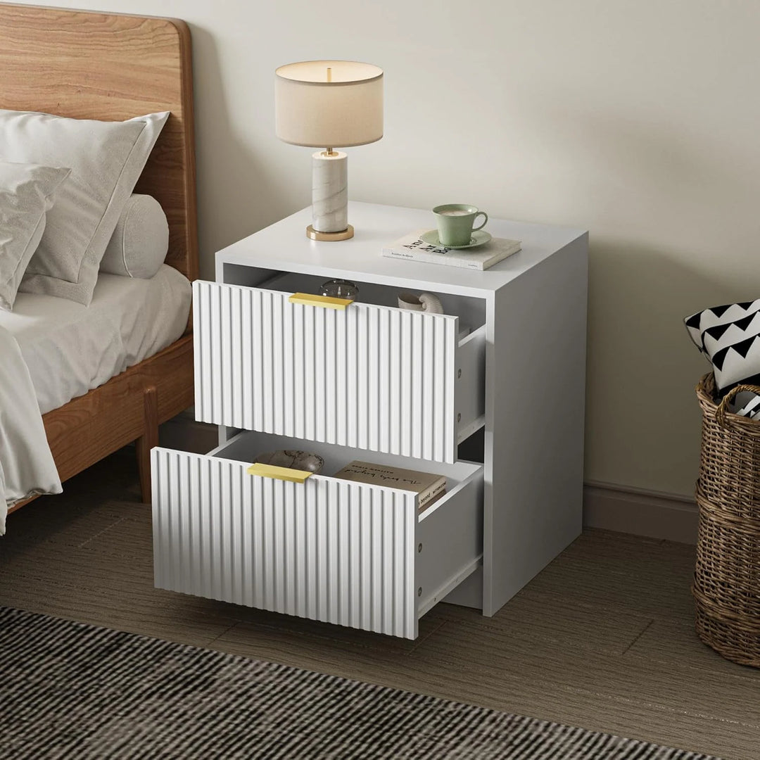 Set of 2 Fluted Nightstand with 2 Drawers, Modern Storage Bedside Table Wooden End Table for Bedroom