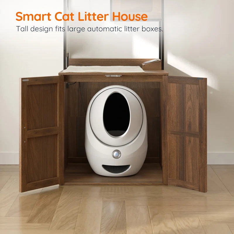 Cat Tower with Litter Box Enclosure with Shelves and Charging Station
