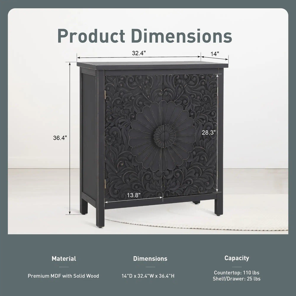 Vintage 2-Door Black Flower Carving Handle Distressed Storage Cabinet