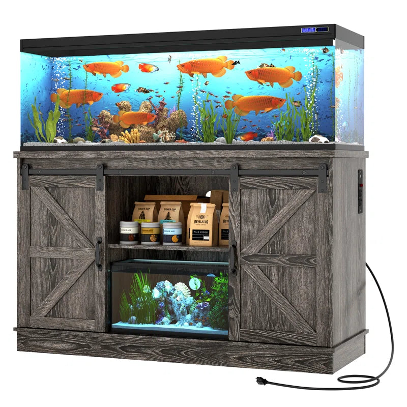 Farmhouse Aquarium Stand for 55-75 Gallon Fish Tanks, Reptile Tank Stand with Power Outlet & Sliding Barn Door, Heavy Duty Fish Tank Stand with Cabinet Storage for Turtle Tanks/Reptile Terrariums