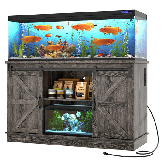 Farmhouse Aquarium Stand for 55-75 Gallon Fish Tanks, Reptile Tank Stand with Power Outlet & Sliding Barn Door, Heavy Duty Fish Tank Stand with Cabinet Storage for Turtle Tanks/Reptile Terrariums