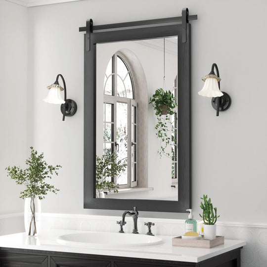 Farmhouse Barn Door Solid Wood Frame Bathroom Vanity Wall Mirror