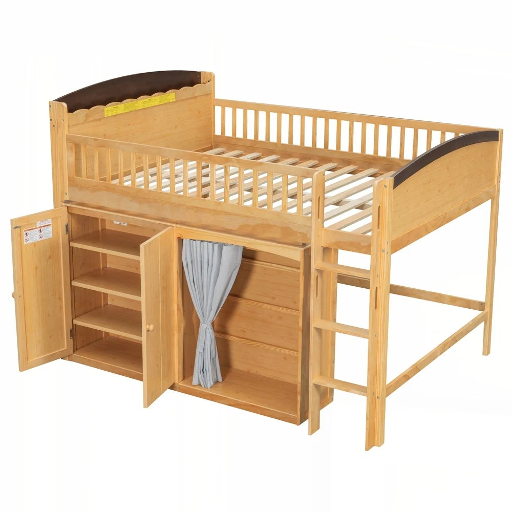 Loft Bed with Storage Cabinet and LED