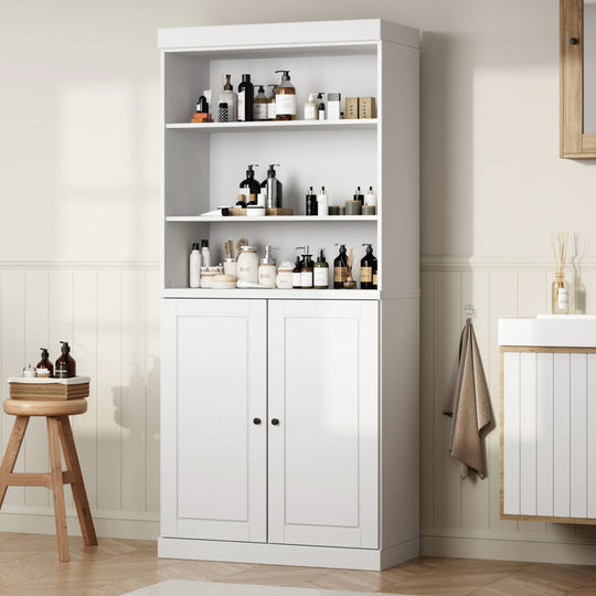100% Solid Wood Bathroom & Laundry Storage Cabinet, Raised Panel Doors, Adjustable Shelves, 32" Wide, 71.5" Tall