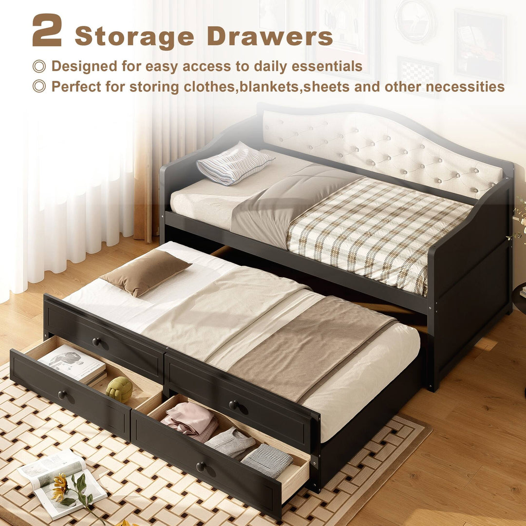 Twin Daybed with Trundle, Twin Size Daybed with 2 Storage Drawers, Wooden Sofa Bed with Upholstered Button Tufted Backrest