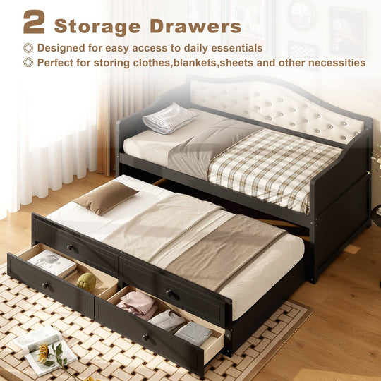 Twin Daybed with Trundle, Twin Size Daybed with 2 Storage Drawers, Wooden Sofa Bed with Upholstered Button Tufted Backrest