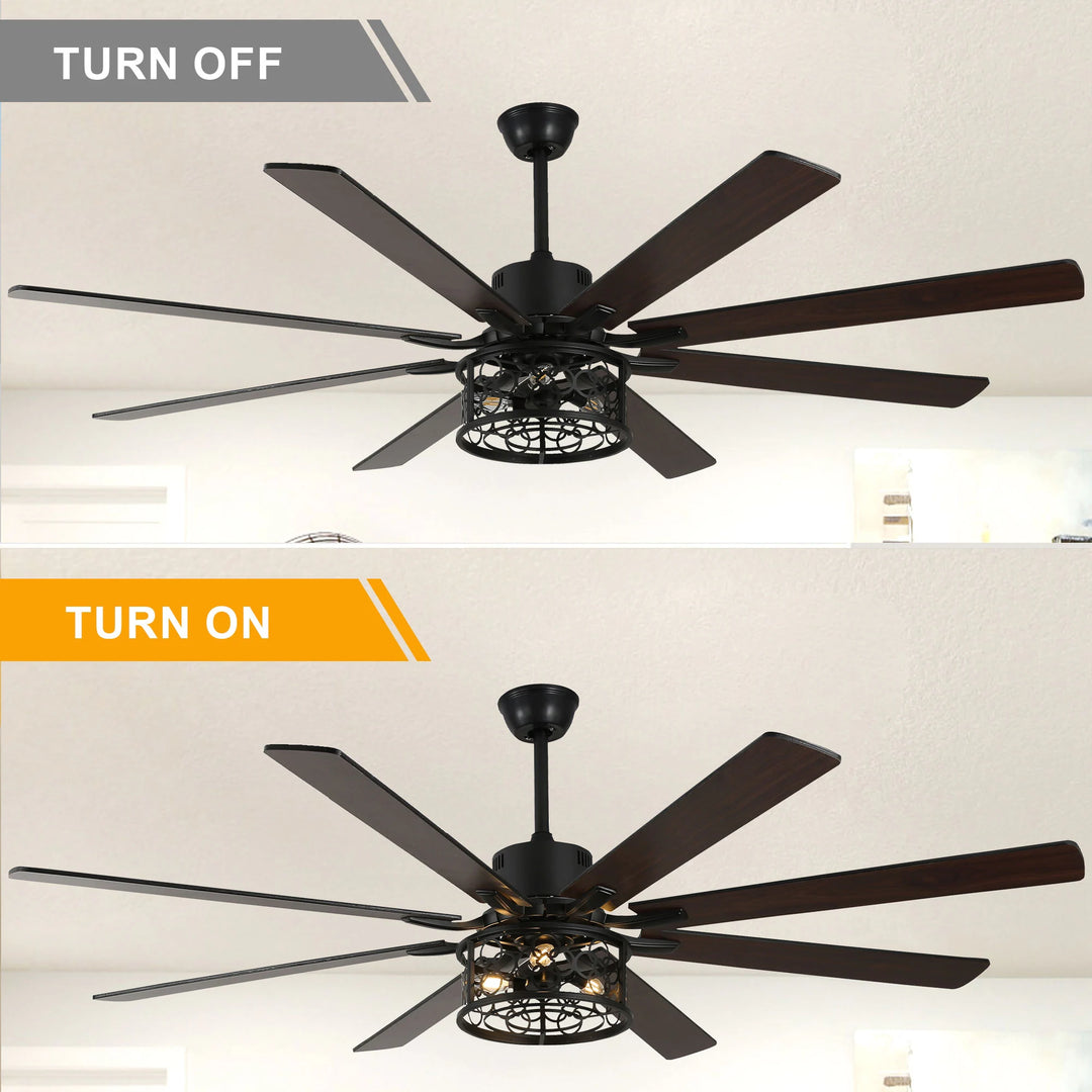 72" Rustic Large Ceiling Fan with Light and Remote 6-Speed 3-Light Farmhouse Metal Caged Black Ceiling Fan