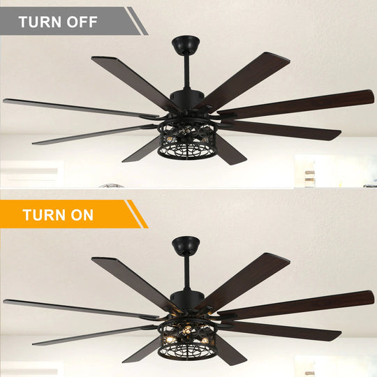 72" Rustic Large Ceiling Fan with Light and Remote 6-Speed 3-Light Farmhouse Metal Caged Black Ceiling Fan