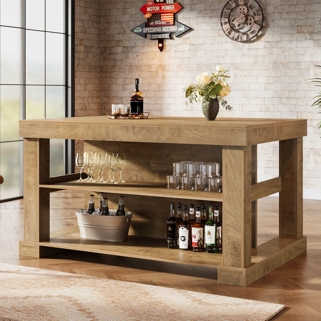 55-Inch Stationary Kitchen Island with Storage Shelves and Large Worktop, Farmhouse Style, Light Brown