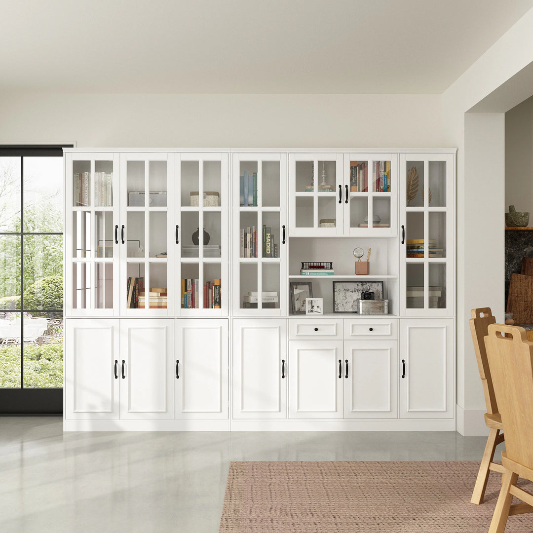 78.7"H Combo Buffet Sideboard White Curio Bookcase Cabinet Glass Door