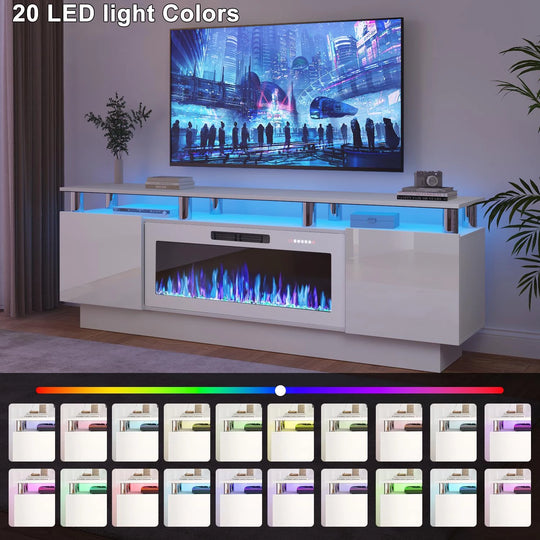 70" Modern Electric Fireplace TV Stand, with Electronic Flame and LED Lights, High Gloss Finish Entertainment Center
