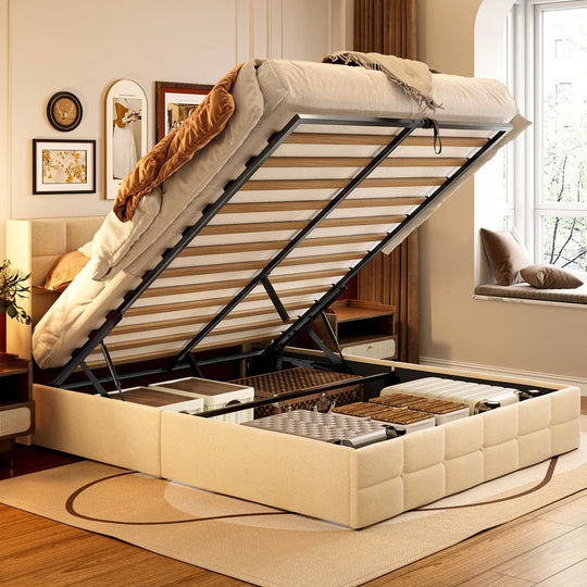 Lift up Storage Bed Frame, Upholstered Platform Bed Frame with Hydraulic Storage System and Headboard