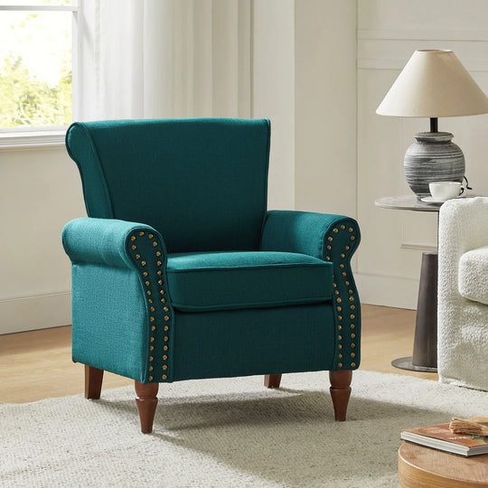 Nyctelius Upholstered Comfy Accent Chair with Turned Wooden Legs and Nailhead Trim Set of 2 by
