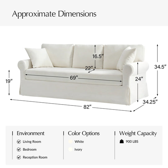 Enrico 82" Farmhouse Slipcovered Sofa with Rolled Armrest by