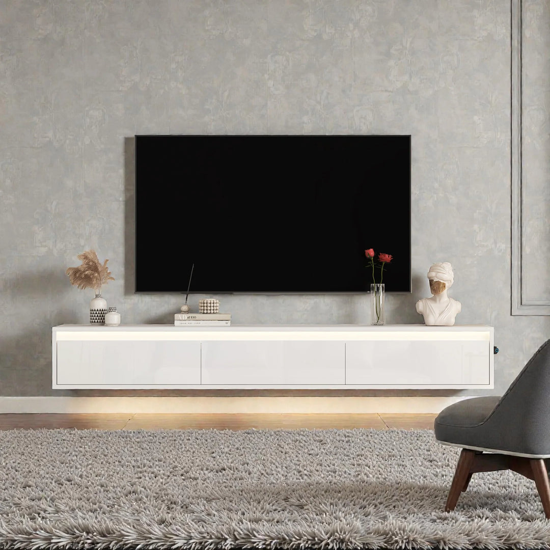Floating TV Stand with LED Lights and Power Outlet, Wall Mounted High Gloss TV Cabinet for 60-69 Inch Tvs