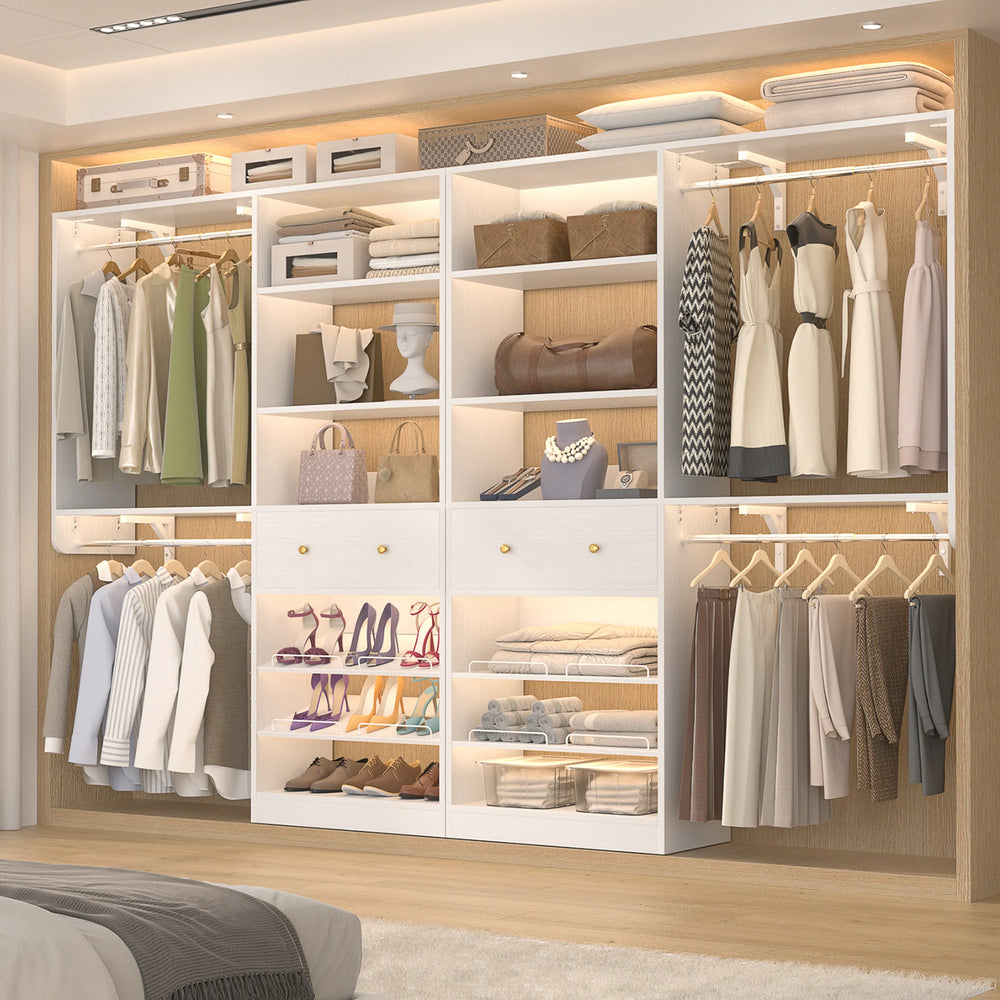 5FT Closet System with 2 Hanging Rods and Wooden Drawer, Walk-In Closet Organizer with 2 Wing Shelve and Adjustable Rack Shelves
