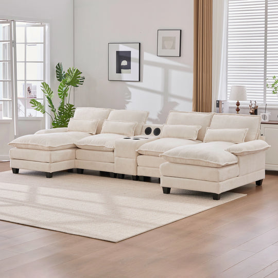 6-Seat Chenille Upholstered Modern U-Shaped Sectional Multifunctional Sofa with 2 Cup Holders,Pull-Out Storage Space