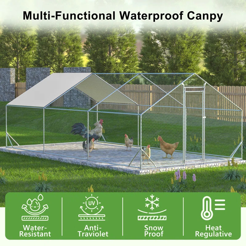 Crellen Metal Chicken Run Coop, Walk-In Poultry Cage with Waterproof & Anti-Uv Cover Lockable Door Design