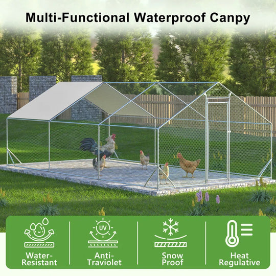Crellen Metal Chicken Run Coop, Walk-In Poultry Cage with Waterproof & Anti-Uv Cover Lockable Door Design
