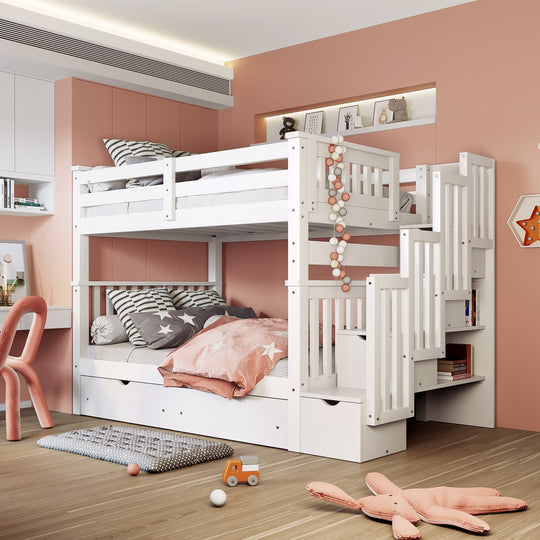 Full over Full Bunk Bed with Shelves and 6 Storage Drawers, Gray