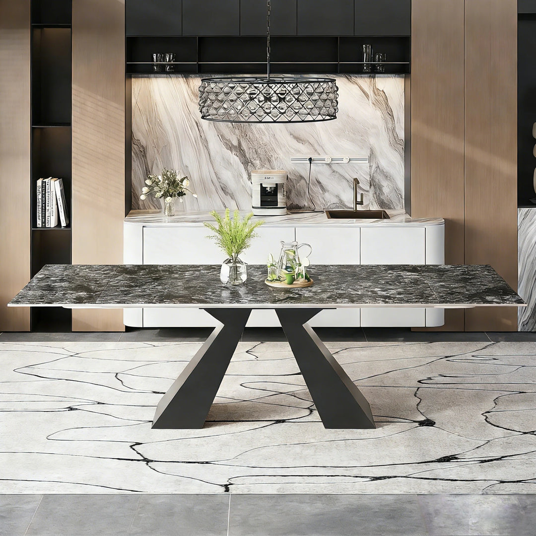 Minimalism Extendable Rectangular Sintered Stone Double Pedestal Dining Table Seat for 8-12 - 110.24"