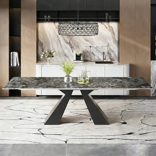 Minimalism Extendable Rectangular Sintered Stone Double Pedestal Dining Table Seat for 8-12 - 110.24"