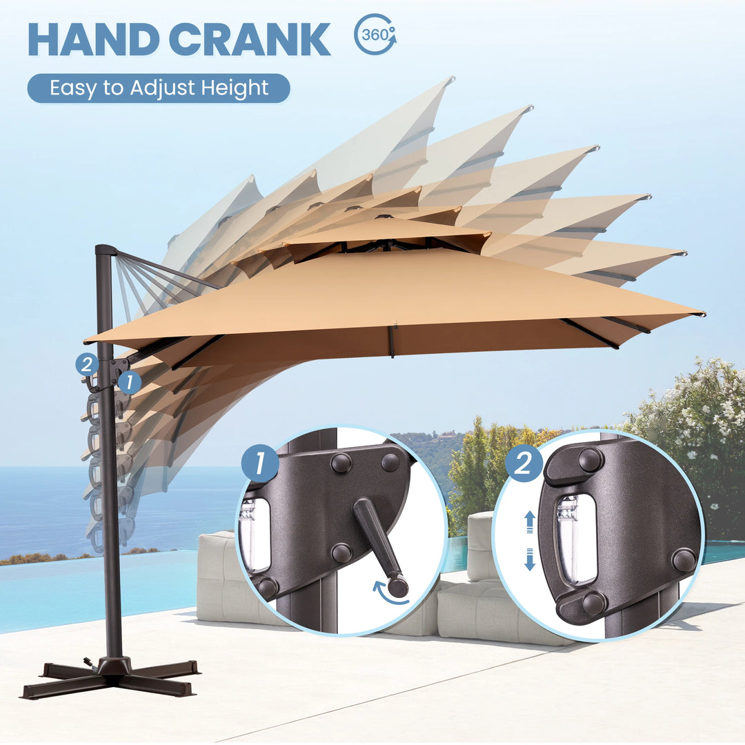 11 X 11 FT Outdoor Square Patio Cantilever Offset Umbrella with Crank and 360 Degrees Rotation