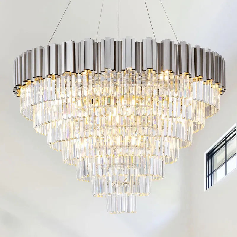 Large Crystal Chandelier - 35.4"Modern 6-Tier 17-Light Chrome Ceiling Light, Luxury K9 Crystal