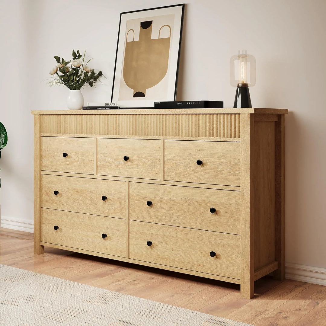 7 Drawer Dresser for Bedroom, 54 in Wide Modern Fluted Chest of Drawers, Wooden Storage & TV Stand, Natural Oak